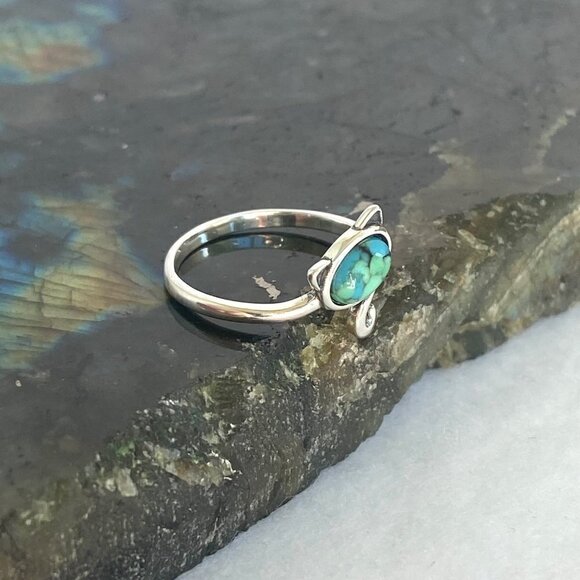 Sterling Silver 925 Turquoise Cabochon Kitty Cat Bypass Style Band Ring Sz 6 - Picture 6 of 16